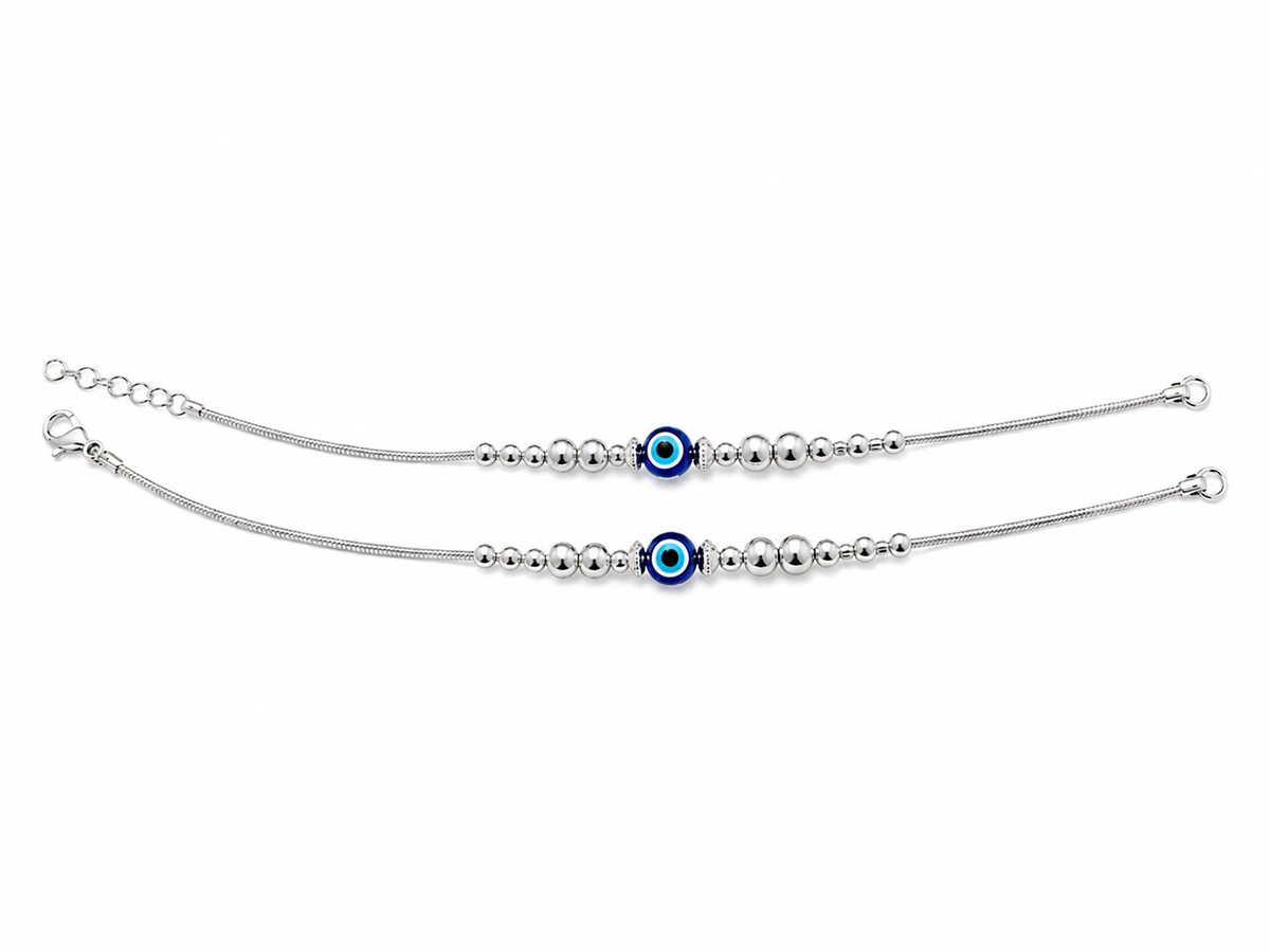 Evil Eye Silver Anklet Duo