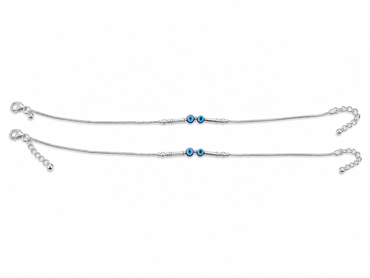 Azure Evil Eye Silver Anklet Pair