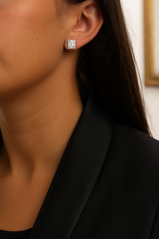 Emerald Cut Silver Solitaire Studs