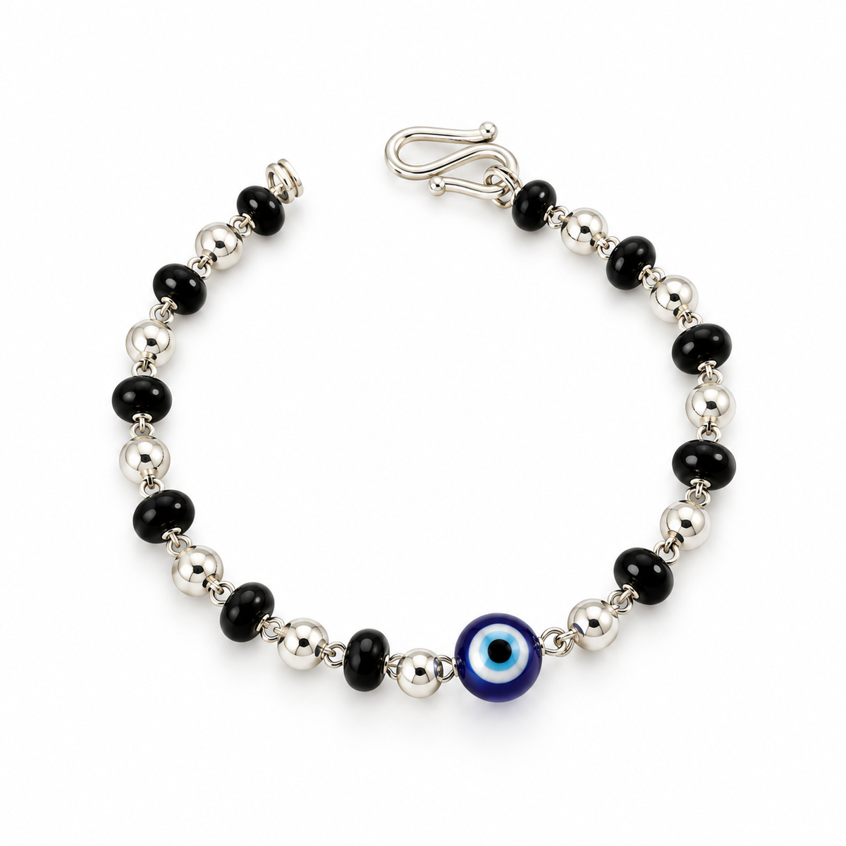 Silver Evil Eye & Black Bead Bracelet