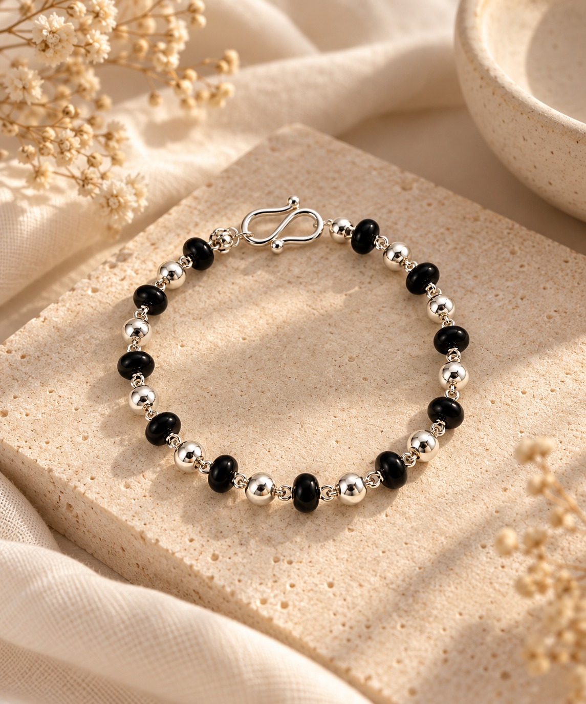 925 Silver Black Bead Bracelet