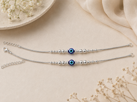 Evil Eye Silver Anklet Duo