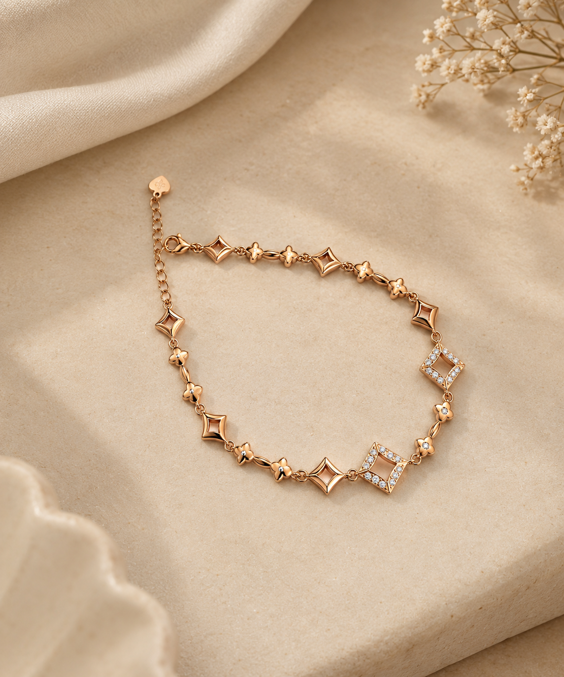 Rose Gold Geometric Silver Bracelet with Floral Details