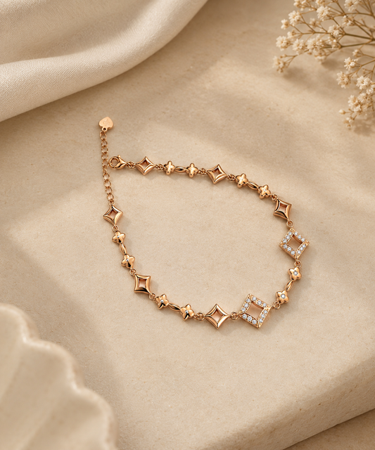 Rose Gold Geometric Silver Bracelet with Floral Details