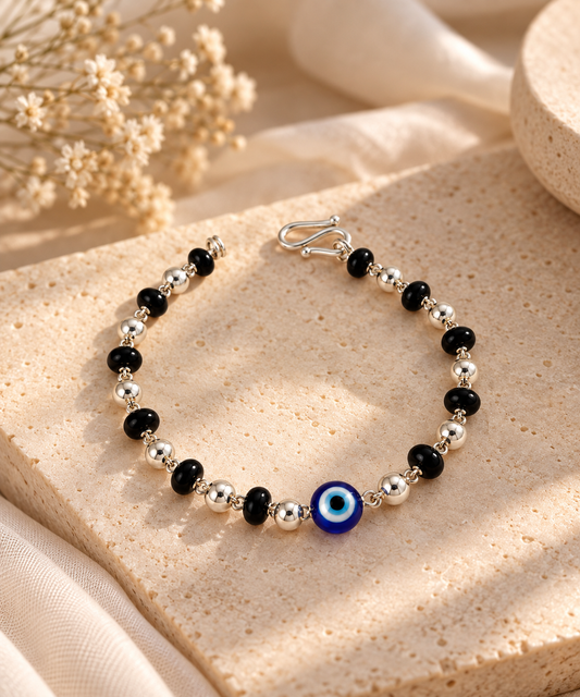 Silver Evil Eye & Black Bead Bracelet
