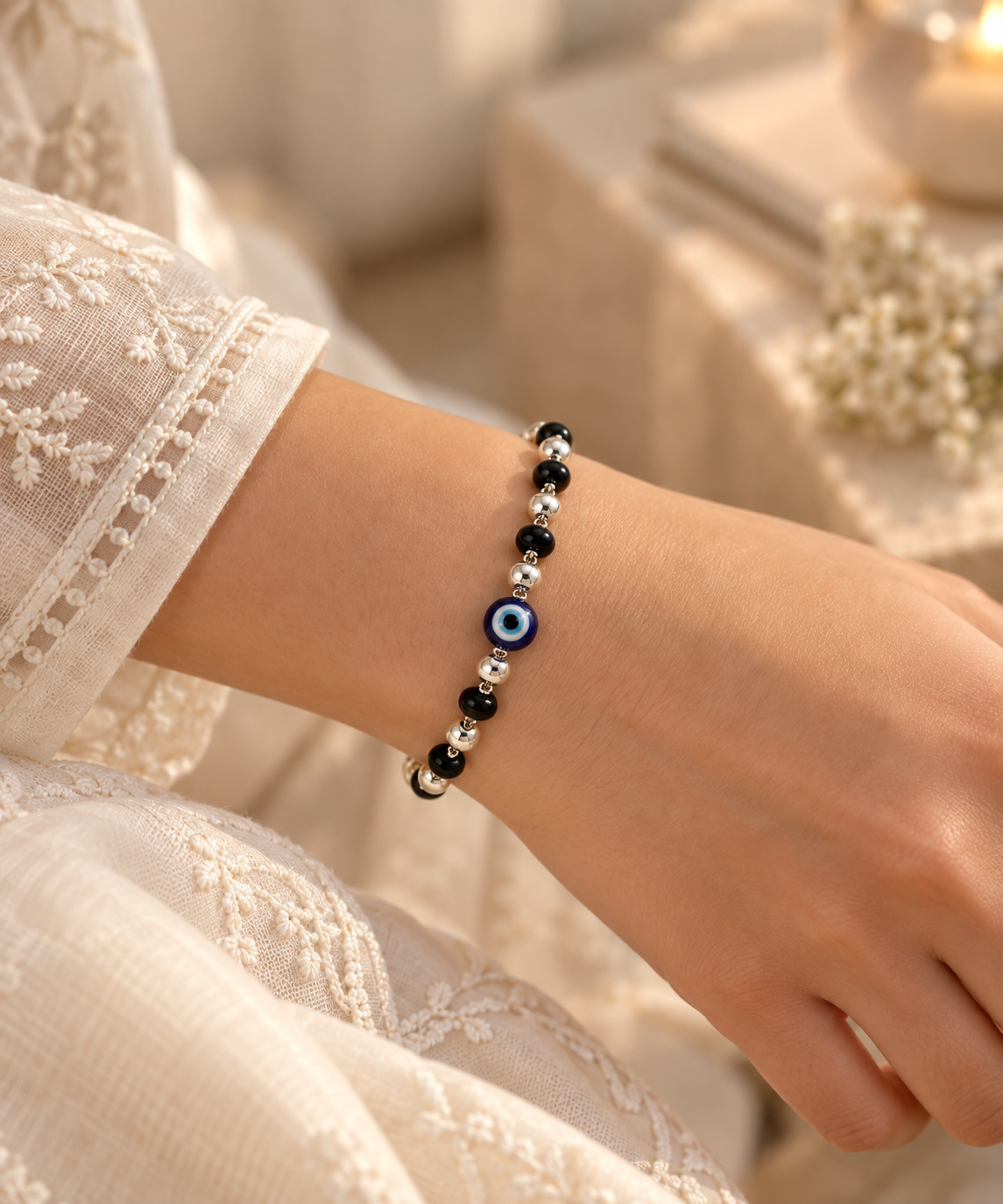 Silver Evil Eye & Black Bead Bracelet
