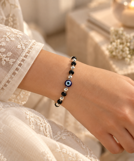 Silver Evil Eye & Black Bead Bracelet