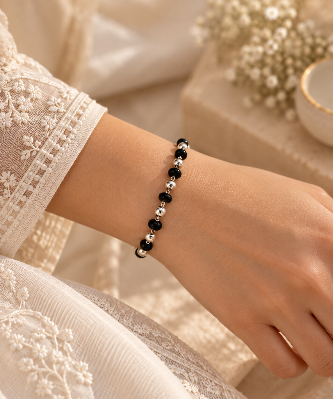 925 Silver Black Bead Bracelet
