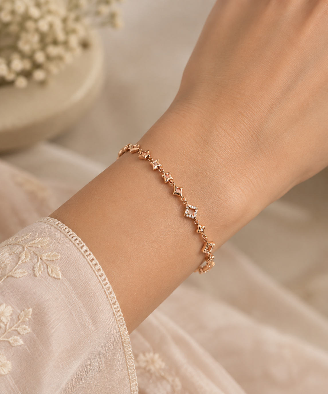 Rose Gold Geometric Silver Bracelet with Floral Details