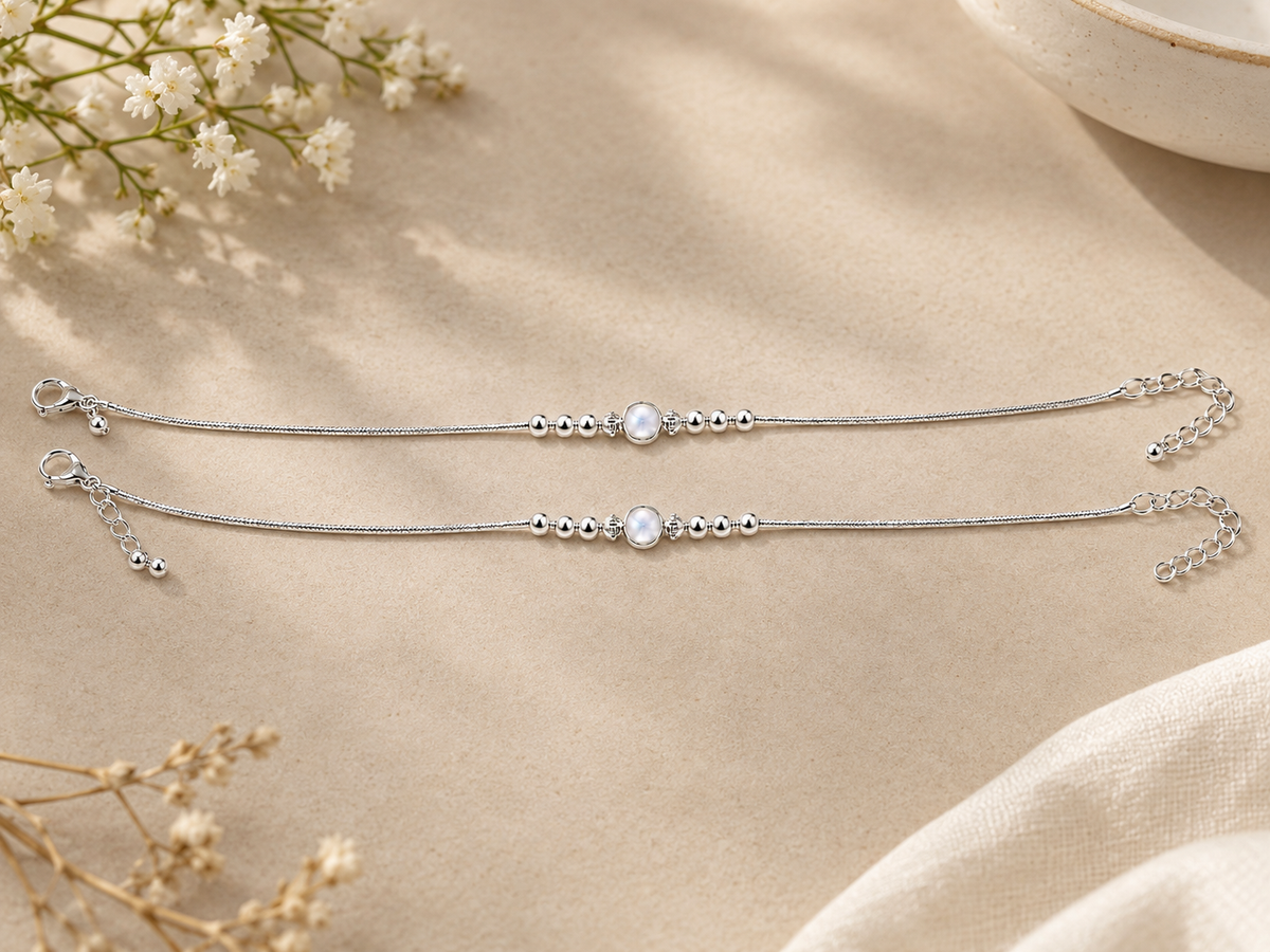 Pearl Glow Silver Anklet Pair