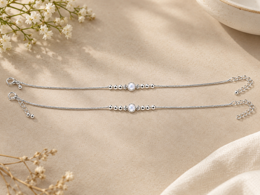 Pearl Glow Silver Anklet Pair