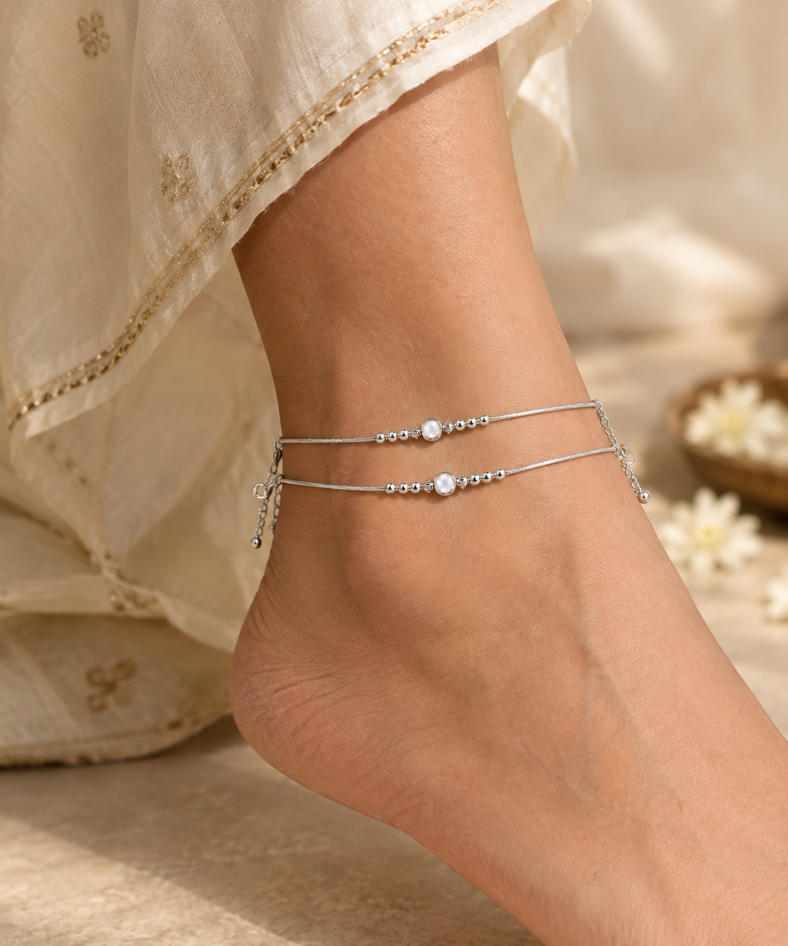 Pearl Glow Silver Anklet Pair