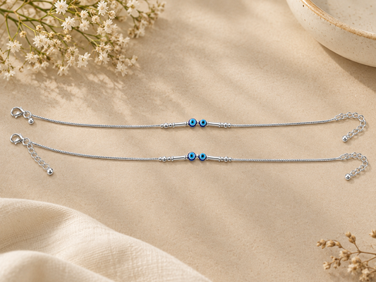 Azure Evil Eye Silver Anklet Pair