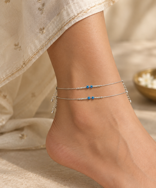 Azure Evil Eye Silver Anklet Pair