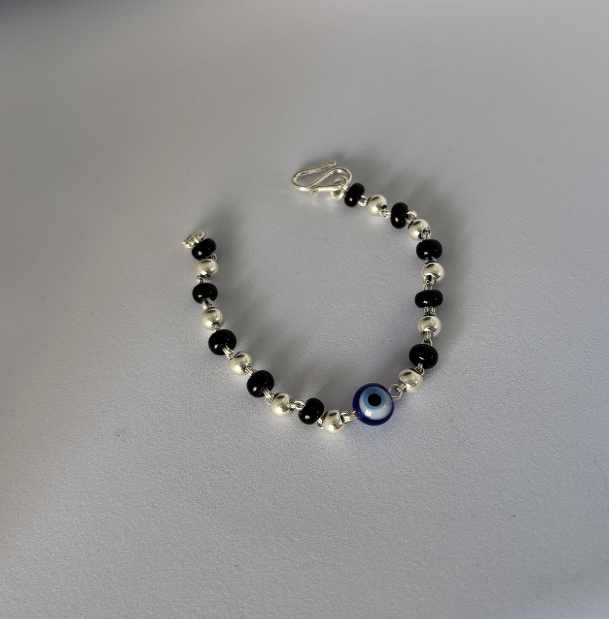 Silver Evil Eye & Black Bead Bracelet