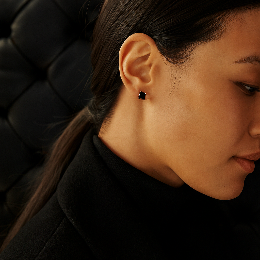 Sterling Silver Black Square Stud Earrings
