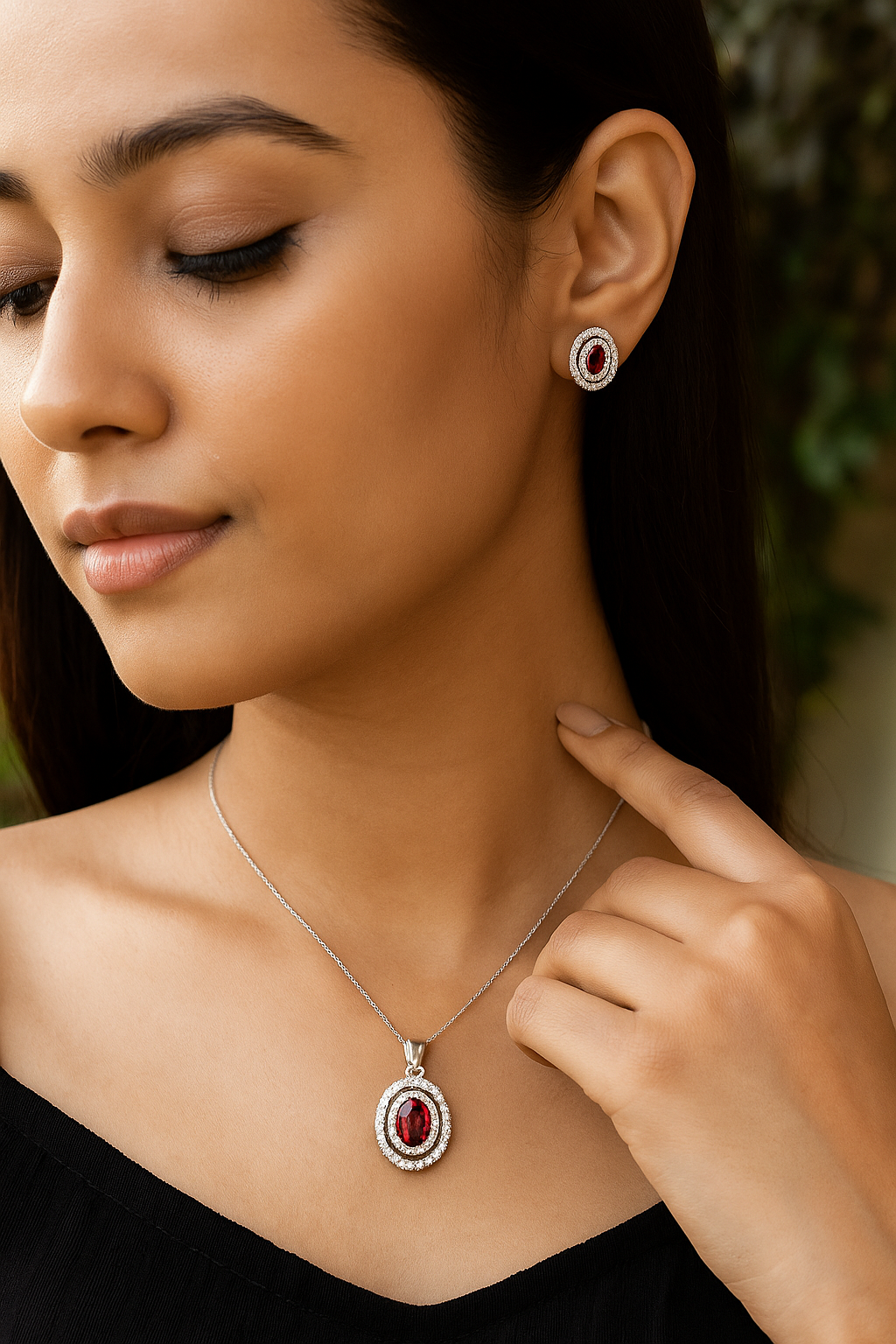 Classic Silver Ruby Pendant Earrings Set