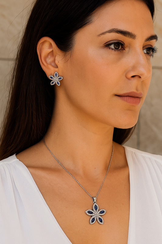 Silver Sparkling Sapphire Floral Pendant Earrings Set