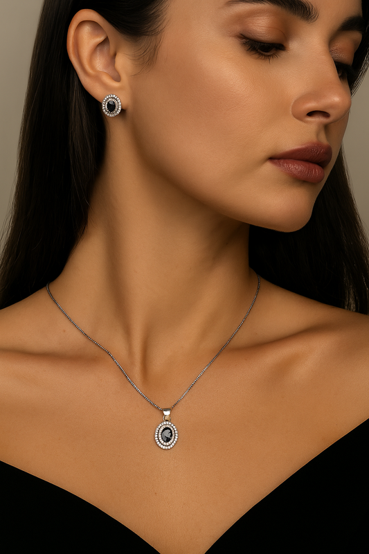 Silver Midnight Sapphire Pendant Earrings Set