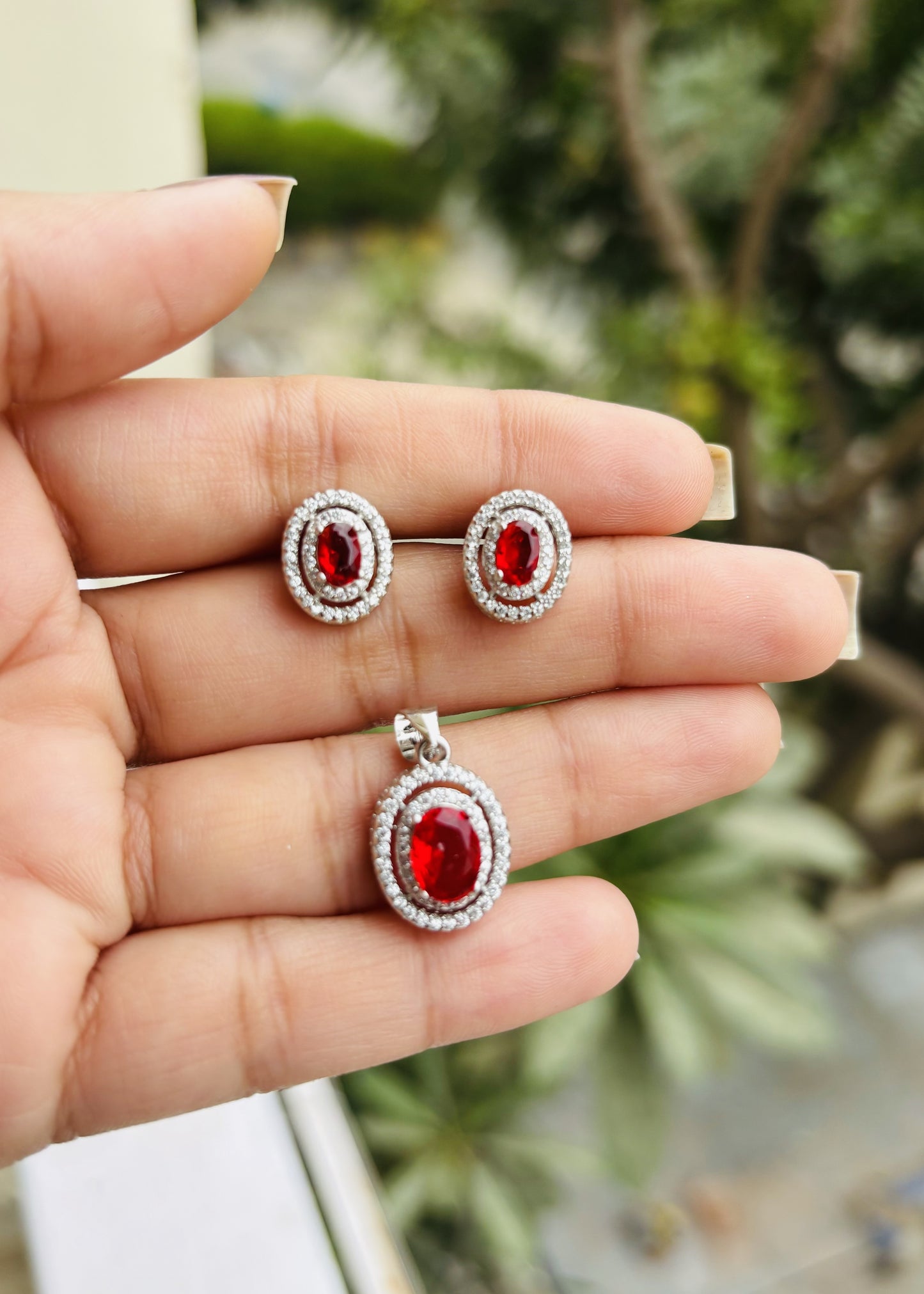 Classic Silver Ruby Pendant Earrings Set