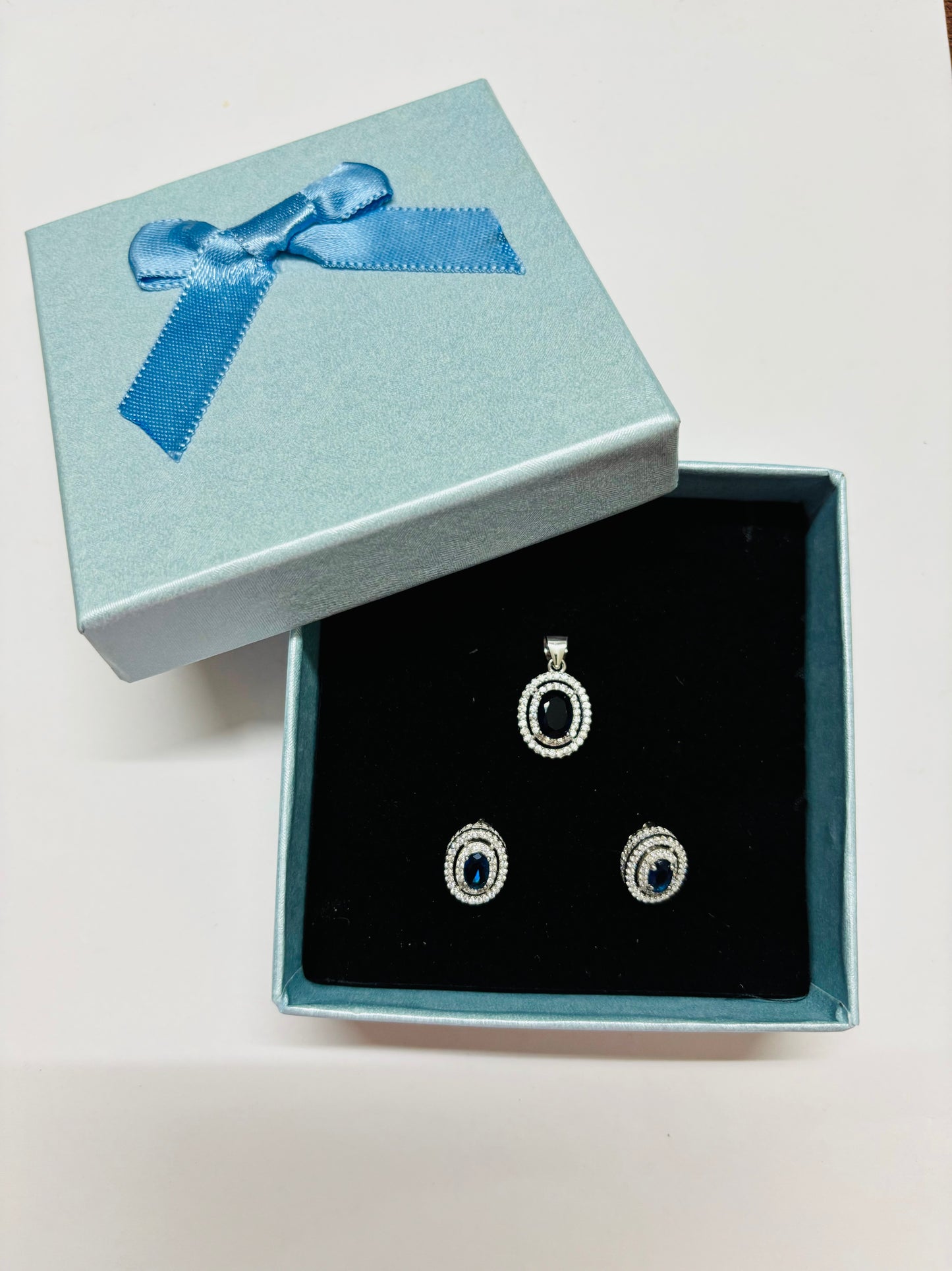 Silver Midnight Sapphire Pendant Earrings Set