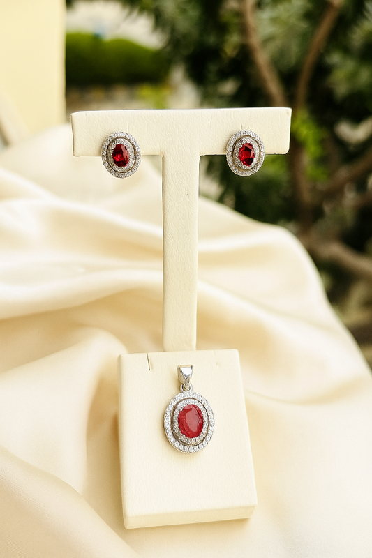 Classic Silver Ruby Pendant Earrings Set