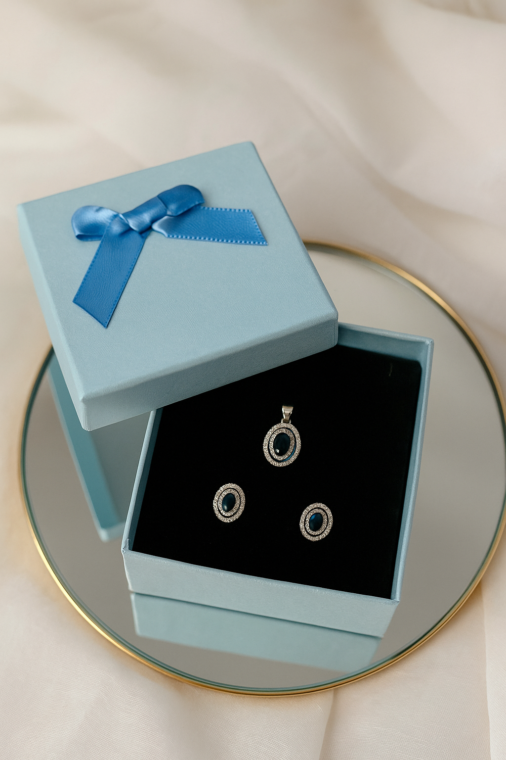 Silver Midnight Sapphire Pendant Earrings Set