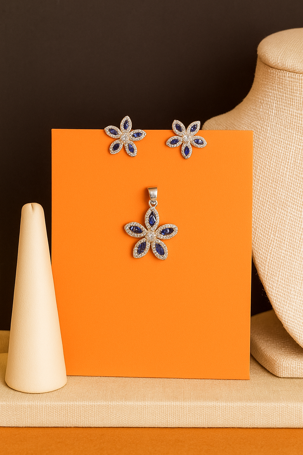 Silver Sparkling Sapphire Floral Pendant Earrings Set