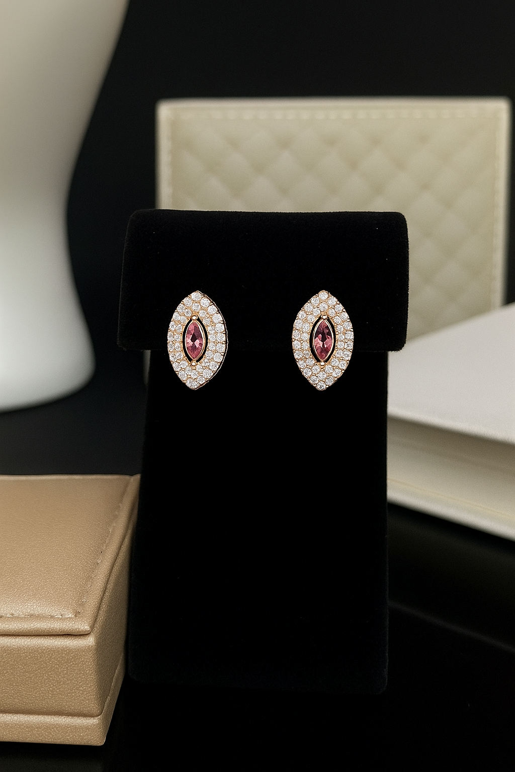 Rose Gold Pointed Oval Ruby Studs