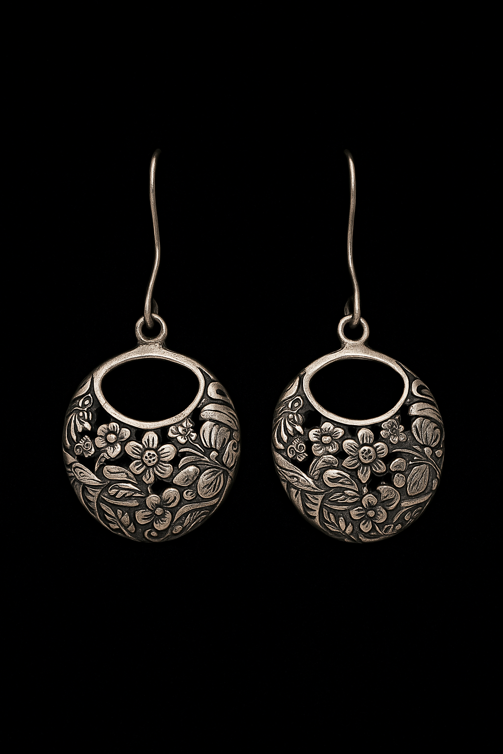 Oxidised Silver Floral Drop Earrings